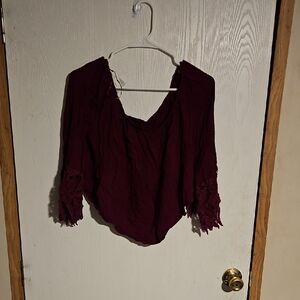 Ambiance Deep Burgundy Lace Sleeve Blouse